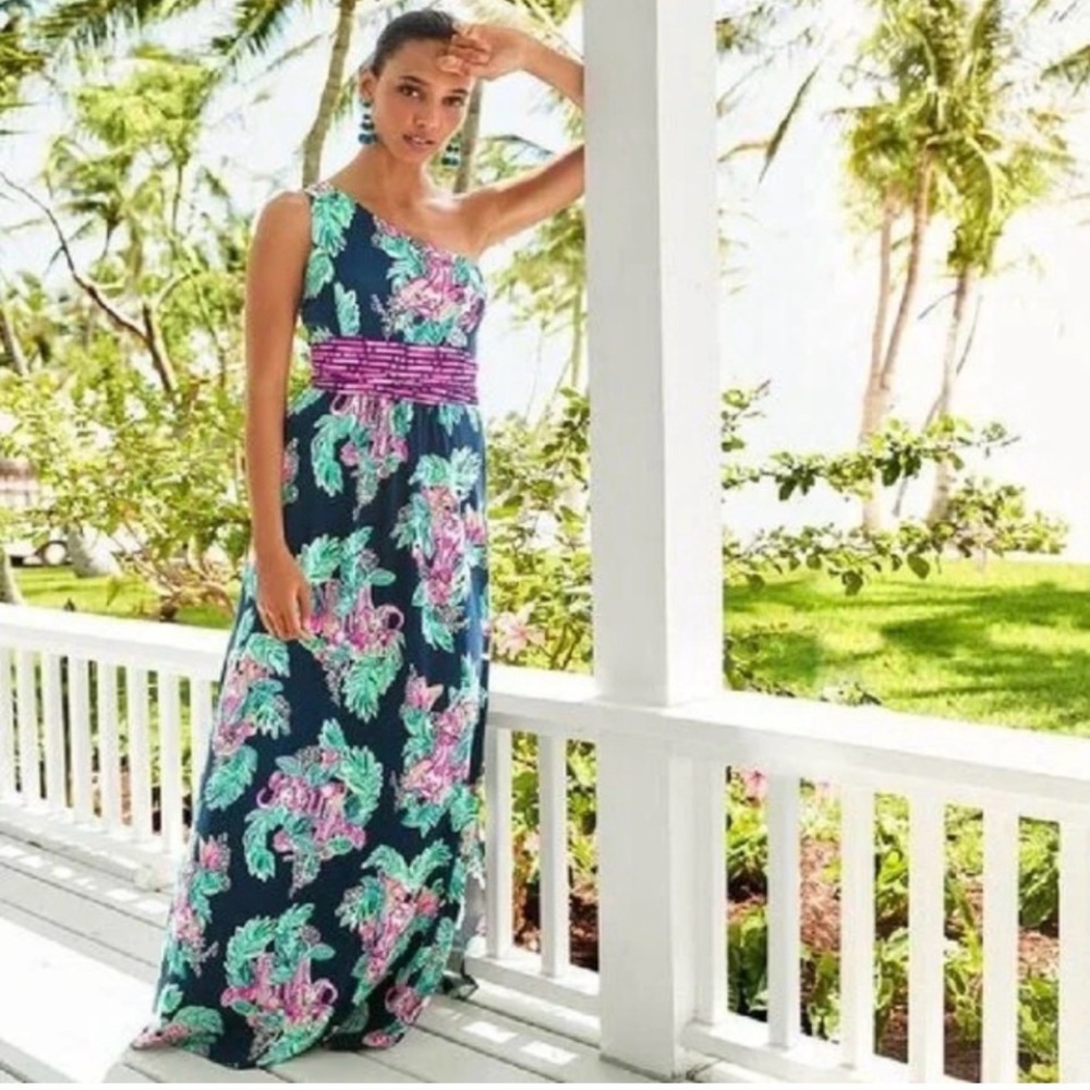 Lilly Pulitzer One-Shoulder Floral Dress - Navy and Pink